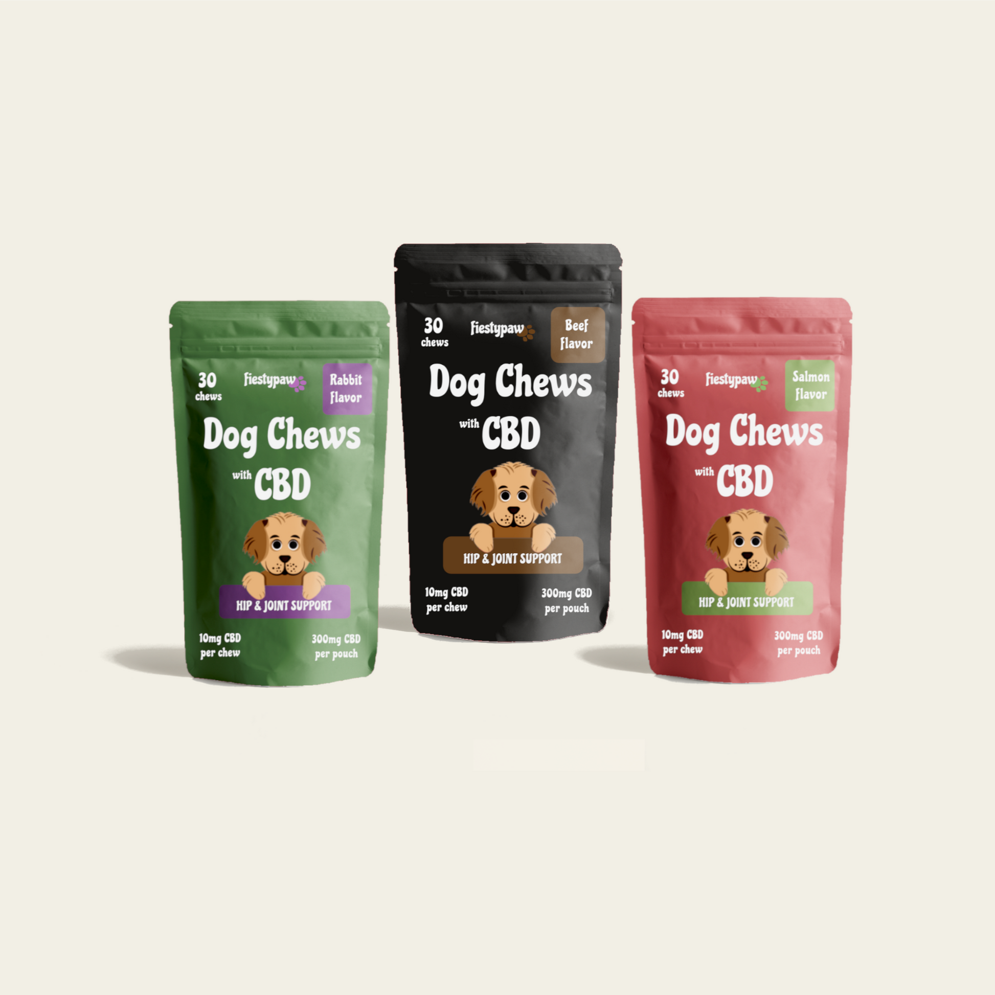 Three 30-count Fiesty Paw CBD Chews  in Rabbit, Beef and Salmon pouches for dogs (90 total), showcasing CBD oil benefits for canine wellness.
