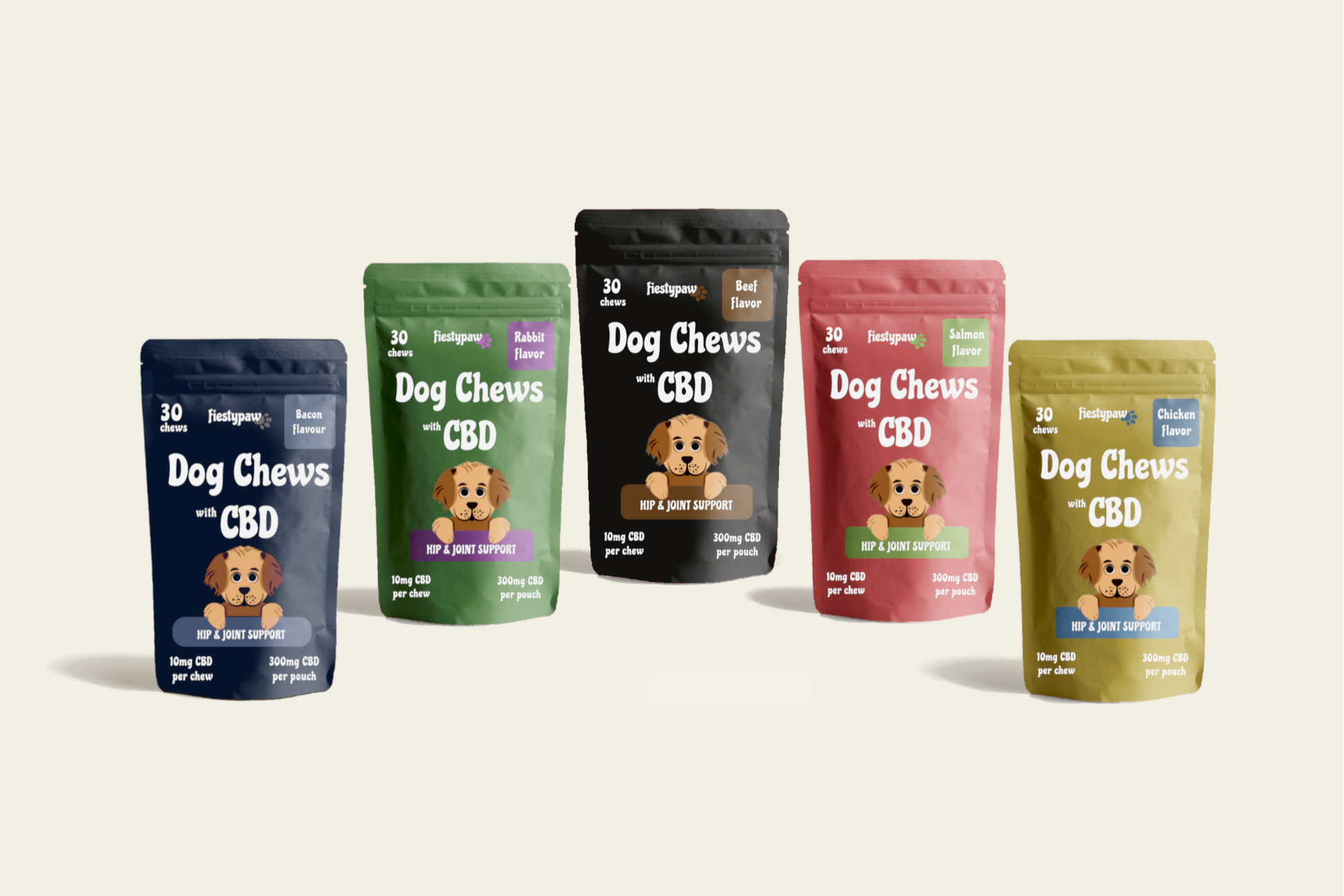 Five 30-count Fiesty Paw CBD Chews  in Bacon, Rabbit, Beef, Salmon and Chicken pouches for dogs (150 total), showcasing CBD oil benefits for canine wellness.