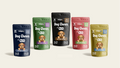 Five 30-count Fiesty Paw CBD Chews  in Bacon, Rabbit, Beef, Salmon and Chicken pouches for dogs (150 total), showcasing CBD oil benefits for canine wellness.