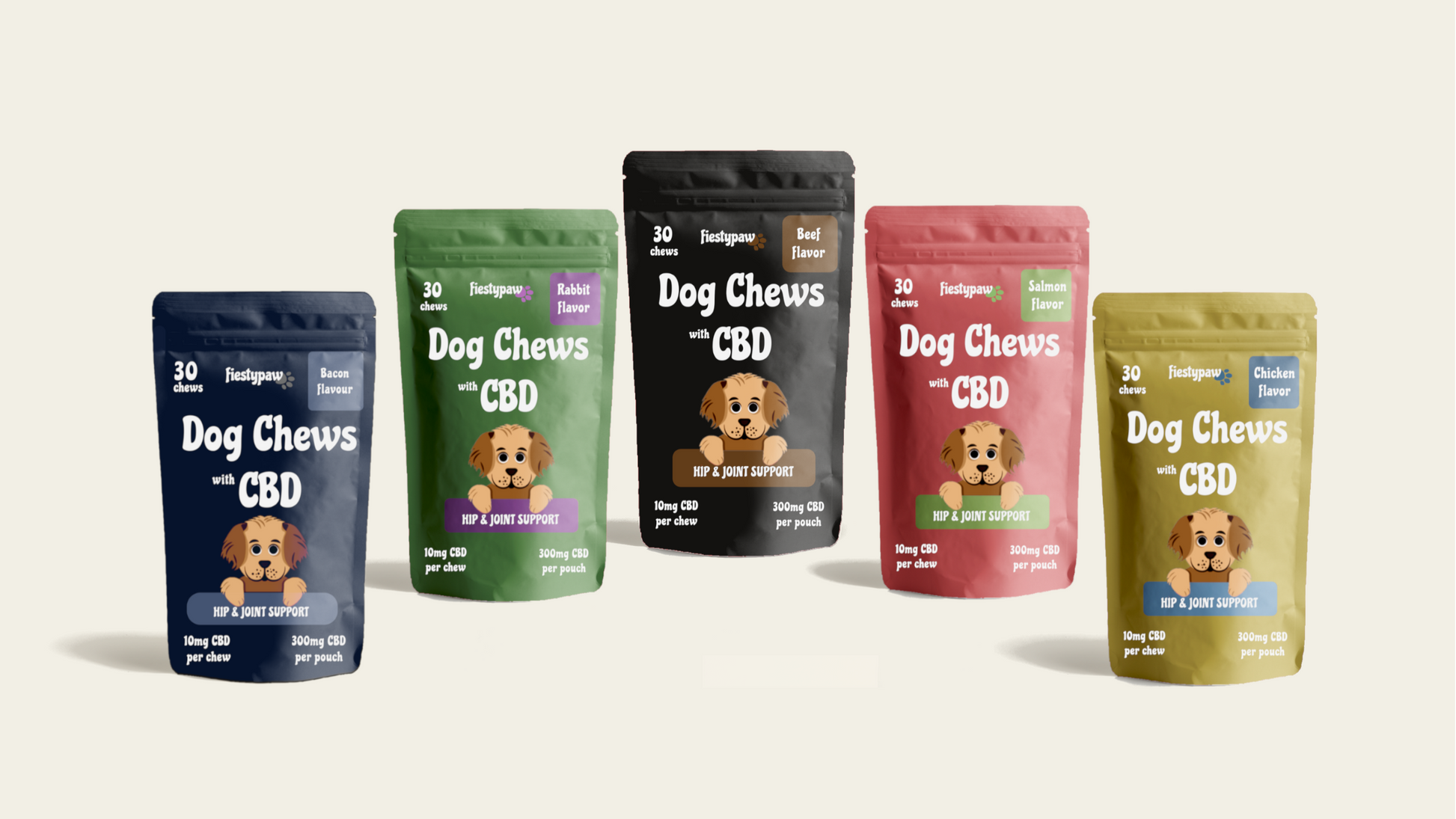 Five 30-count Fiesty Paw CBD Chews  in Bacon, Rabbit, Beef, Salmon and Chicken pouches for dogs (150 total), showcasing CBD oil benefits for canine wellness.