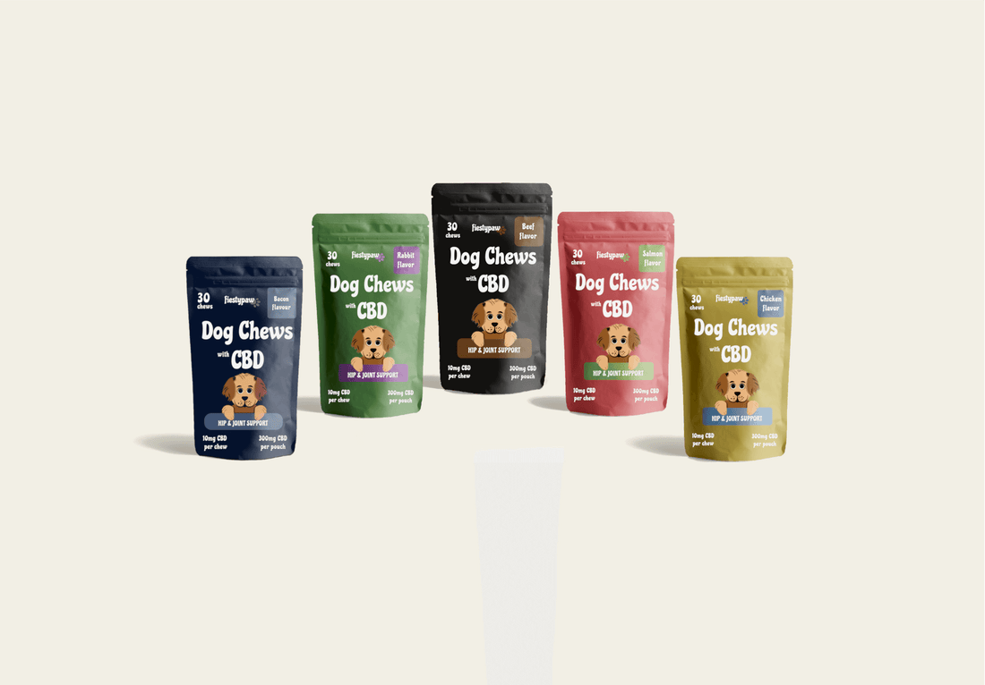 Three 30-count Fiesty Paw CBD Chews  in Rabbit, Bacon and Salmon pouches for dogs (90 total), showcasing CBD oil benefits for canine wellness.