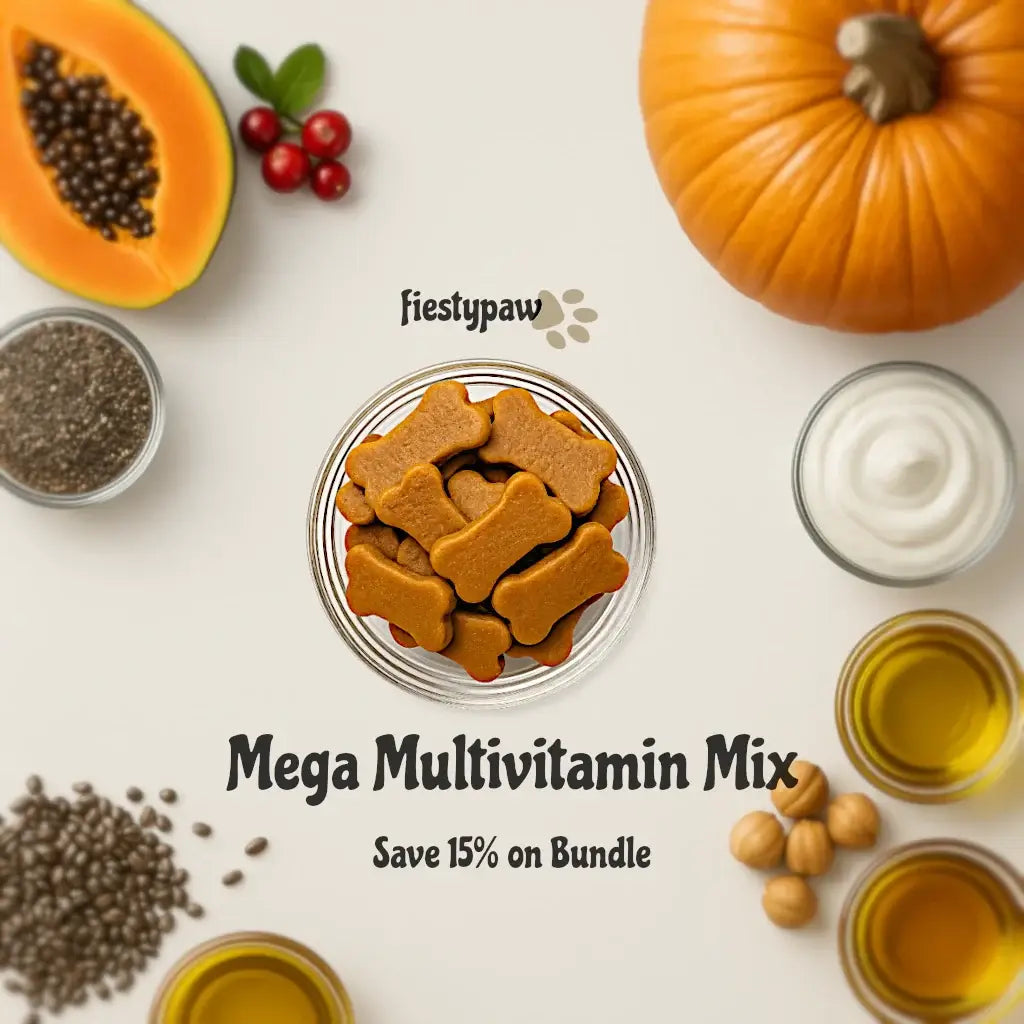 Mega Multivitamin Mix for pets with ingredients and promotional text on a white background