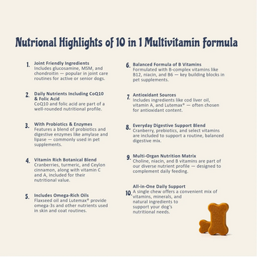 Nutritional highlights of a 10-in-1 multivitamin formula for dogs on a white background.